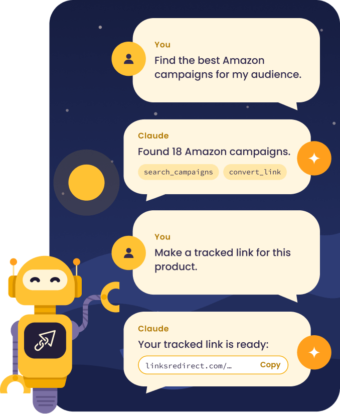 Chatting with an AI assistant to find Cuelinks campaigns and create tracked links